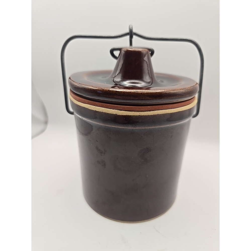 Vintage Brown Glazed‎ Pottery Stoneware Cheese Crock with Clamp Lid Farmhouse